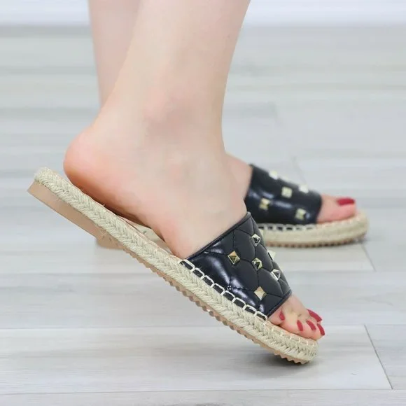 Black Flat Sandal Slip On Sliders Trendy Espadrille Gold Studs Quilted Toe Band - Picture 6 of 13